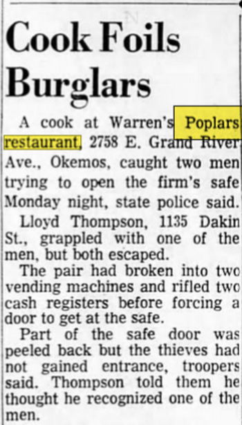 Warrens Poplars (Grapevine Restaurant) - Sept 1965 Burglary Foiled By Cook